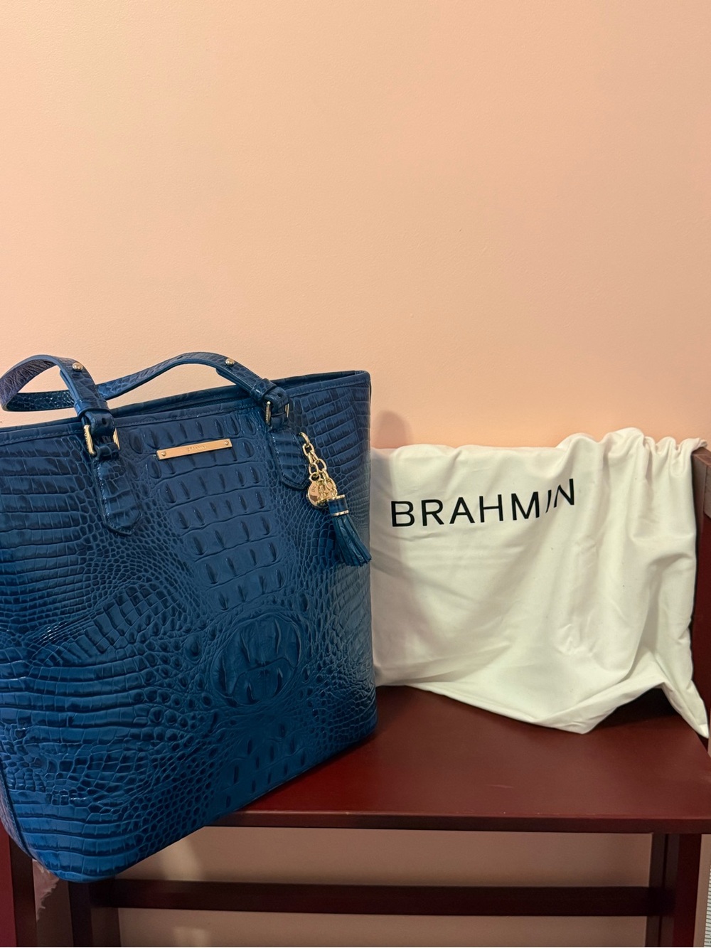 Brahmin Navy Croc-Embossed Leather Tote with Tassel Charm